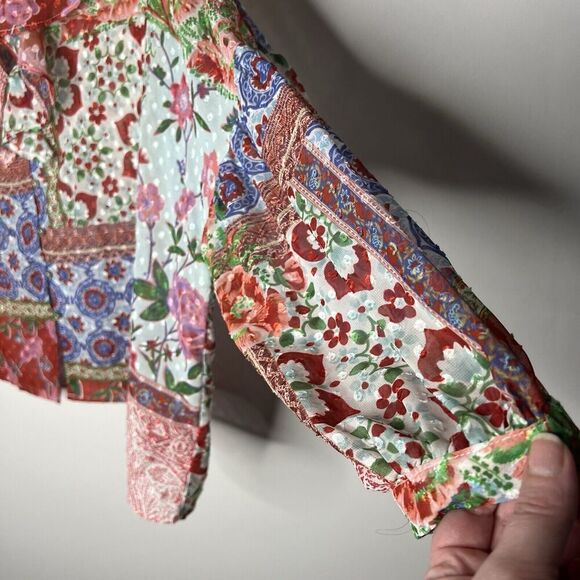 Zara Top Womens XL Patchwork Floral V Neck Ruffle Boho Swiss Dot Chiffon Blouse - Picture 15 of 16